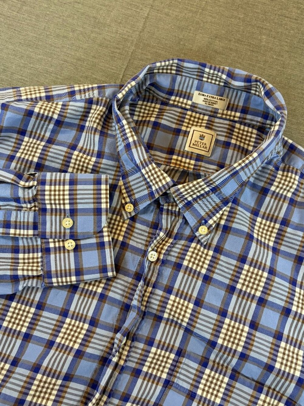 Peter Millar Men’s Blue Plaid Button Down Shirt XXL 100% Cotton Long Sleeve